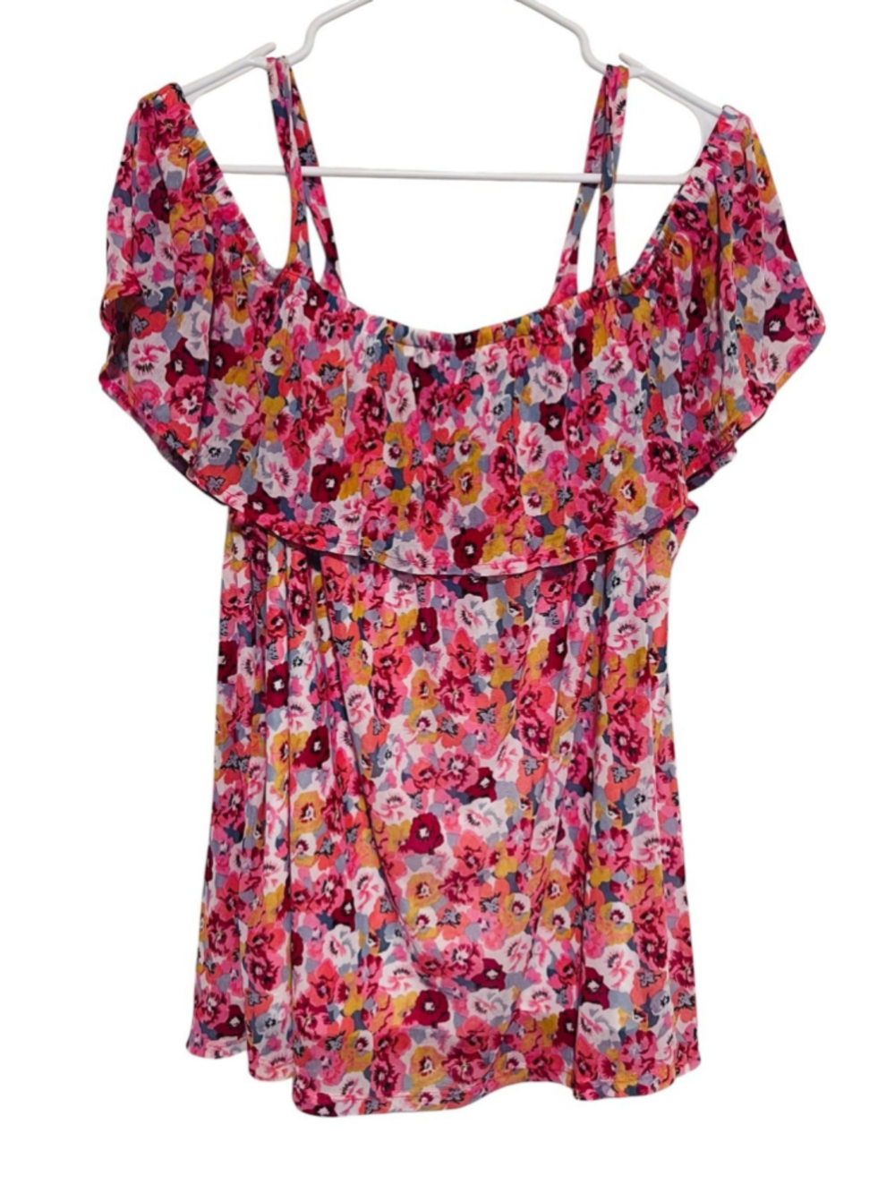 Lane Bryant Bright Floral Top 14/16 Cold Shoulder Flowy Lined Blouse